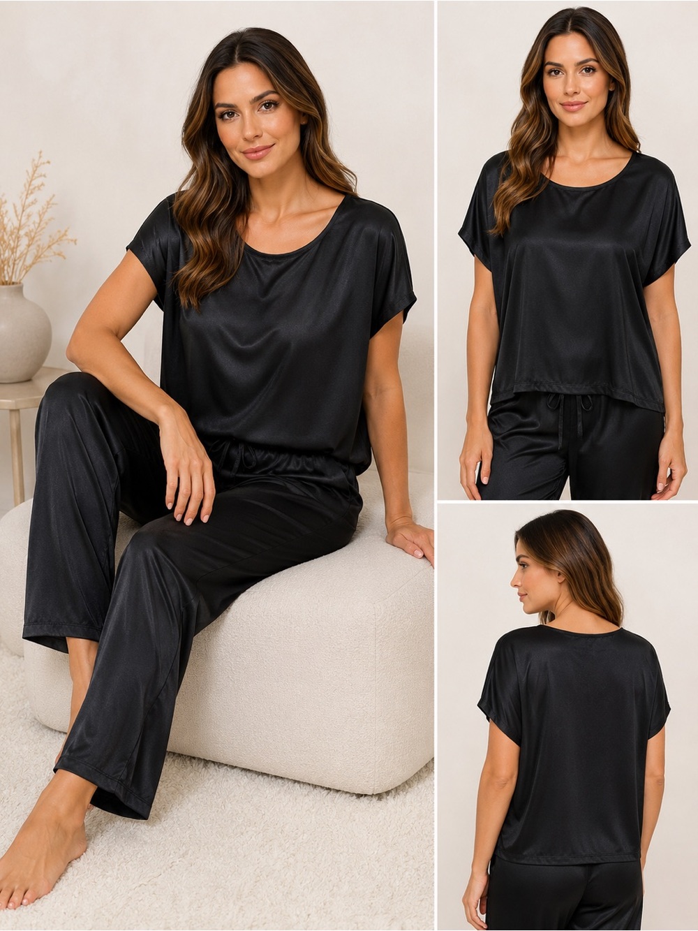 Satin Short-Sleeve Pajama Set in Black — Women's Luxe Lounge